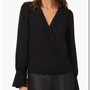 NWT Halogen Wrap Front Black V-Neck Blouse